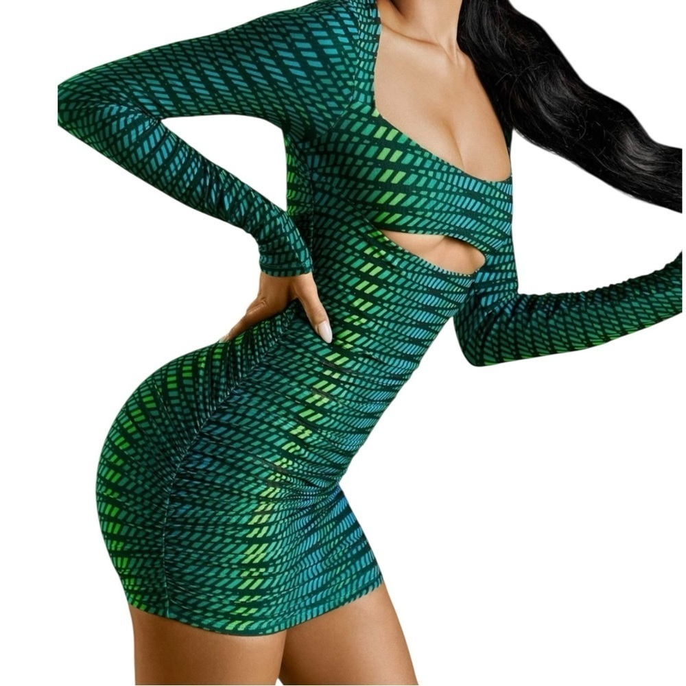Oh Polly Dress Womens Mini Green Striped Print Bodycon Long Sleeve Cut Out Sz 8 - Picture 4 of 15